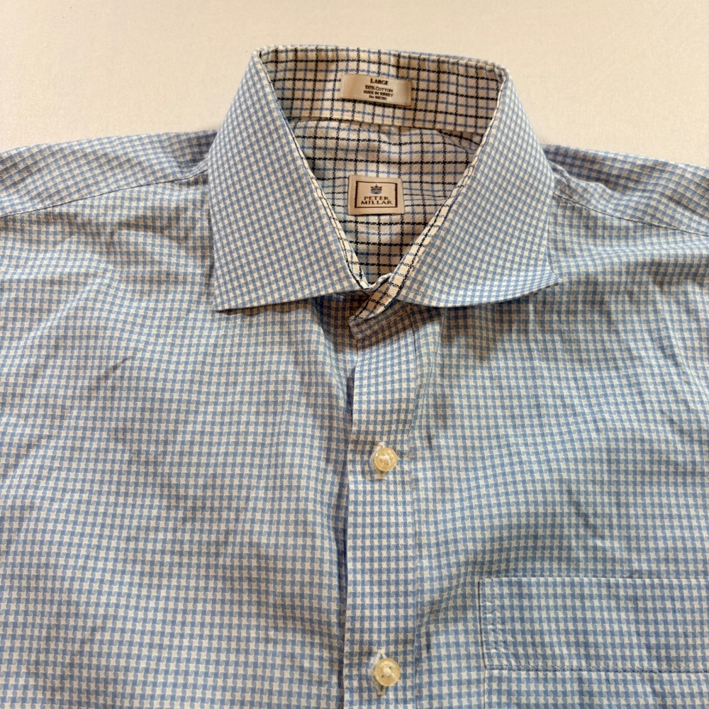 Peter Millar Button Down Shirt Mens Large Blue White Gingham Cotton Long Sleeve